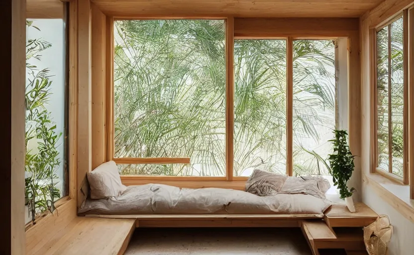 Image similar to interior desing magazine photo of a big window with a wooden frame to sit on, some sandy yellow pillows, there are just a few books and plants on a small integrated shelf, great architecture, ambient light, 8k