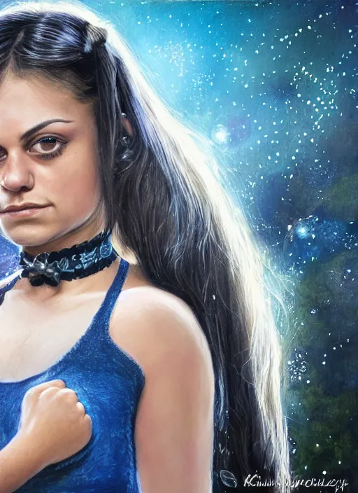 Prompt: portrait of young very muscled Mila Kunis with pigtails hair and bright blue squinting eyes looking directly into the camera, wearing intricate black choker, blue fireflies, snowflakes, Lilia Alvarado, Sophie Anderson, Mark Arian, Bob Byerley, Charlie Bowater, Mark Brooks, Steve Henderson, Justin Gerard, Arthur Hughes, Edward Robert Hughes, Mark Keathley, Victor Nizovtsev, Carlos Shwabe, Ross Tran, WLOP, Allan Lee, John Howe