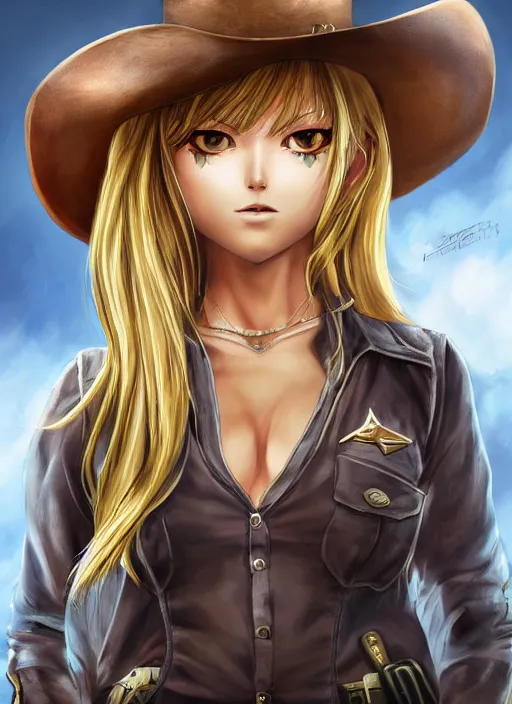 Image similar to a portrait one person, complexity, global lighting, detail, ultra sharpness, beautiful female sheriff body from games yoshihiro togashi style, big eyes, plump lips, a gunshot, global lighting, western saloon theme, detailed faces, blank faces, style by huyy nguyen,