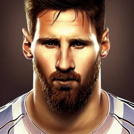 Image similar to messi as giga chad, d & d, fantasy, portrait, highly detailed, headshot, digital painting, trending on artstation, concept art, sharp focus, illustration, art by artgerm and greg rutkowski and magali villeneuve