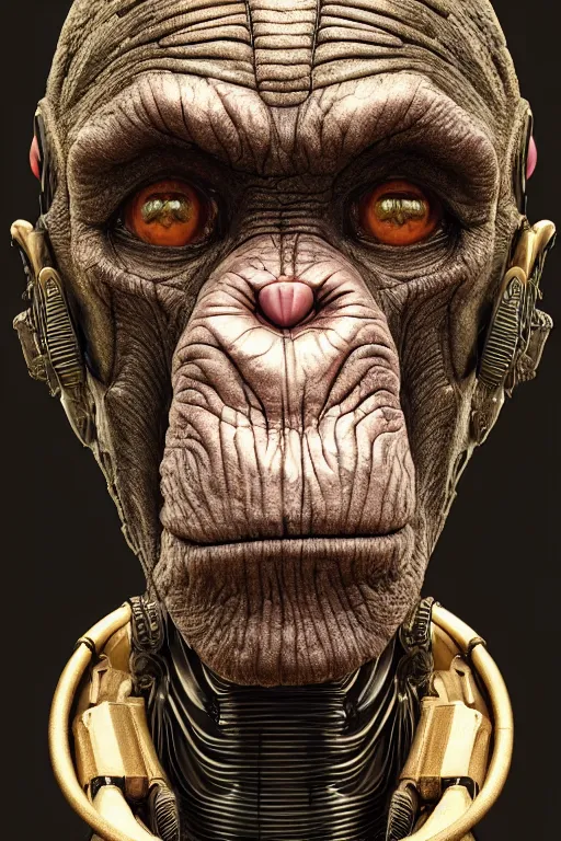 Image similar to portrait of a robot resembling a old chimpanzee, intricate wrinkles, dystopian toy, sci-fi, extremely detailed, biopunk, human hands, digital painting, sculpted in zbrush, artstation, concept art, smooth, sharp focus, illustration, chiaroscuro lighting, golden ratio, incredible art by Stanley Artgerm Lau and Greg Rutkowski, composition by Alphonse Mucha and Simon Stalenhag