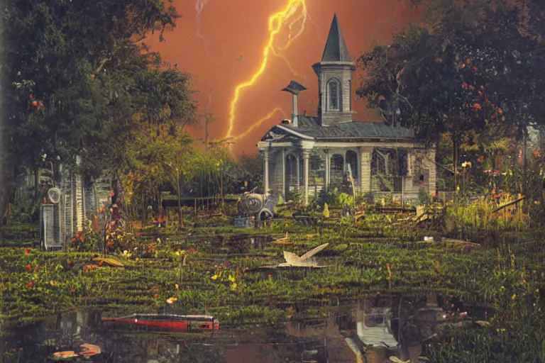 Prompt: hyperrealism, scene from church, thunderstorm, starship, junkyard, louisiana swamps, orange blooming flowers garden, 8 k, 8 0 s japanese sci - fi books art