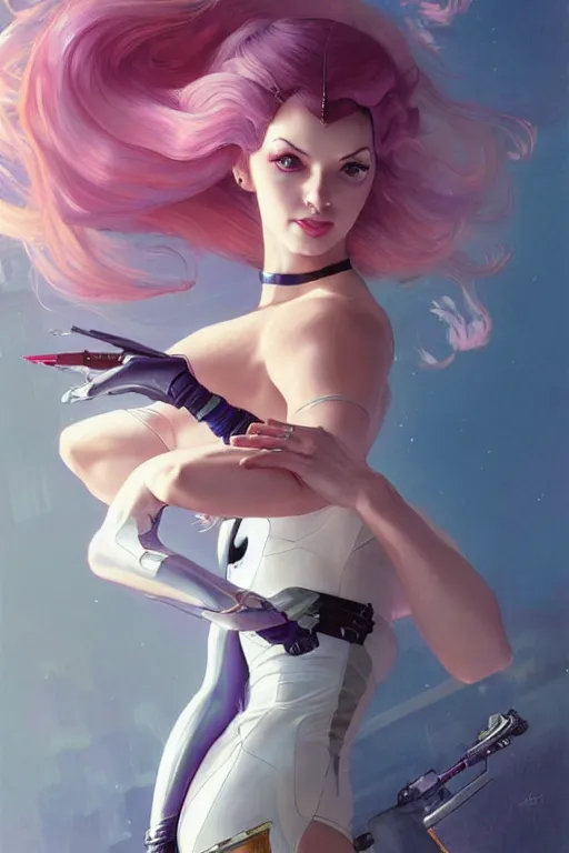 Image similar to gta princess peach as aeon flux profile picture by greg rutkowski, dynamic pose, intricate, futuristic, fantasy, elegant, by stanley artgerm lau, greg rutkowski, thomas kindkade, alphonse mucha, loish, norman rockwell, fantasy lut, asymmetric, long hair, retro computer graphics, video game, fluid lines,