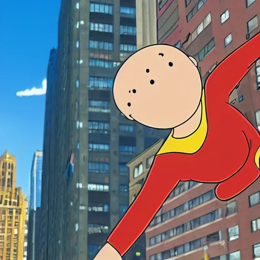 Prompt: curious george caillou cartoon in the big city. new york city concrete jungle.