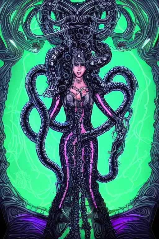 Prompt: Perfectly-centered Hyperdetailed symmetrical cinematic RPG portrait-illustration of a beautiful aetherpunk cyberpunk Medusa in a long neon-noir otherworldly dress while her hair is made of huge ravepunk snakes. She's standing next to lovecraftian towers in a surreal landscape with a cosmic background, style of an epic sci-fi comic-book cover, 3D rim light.