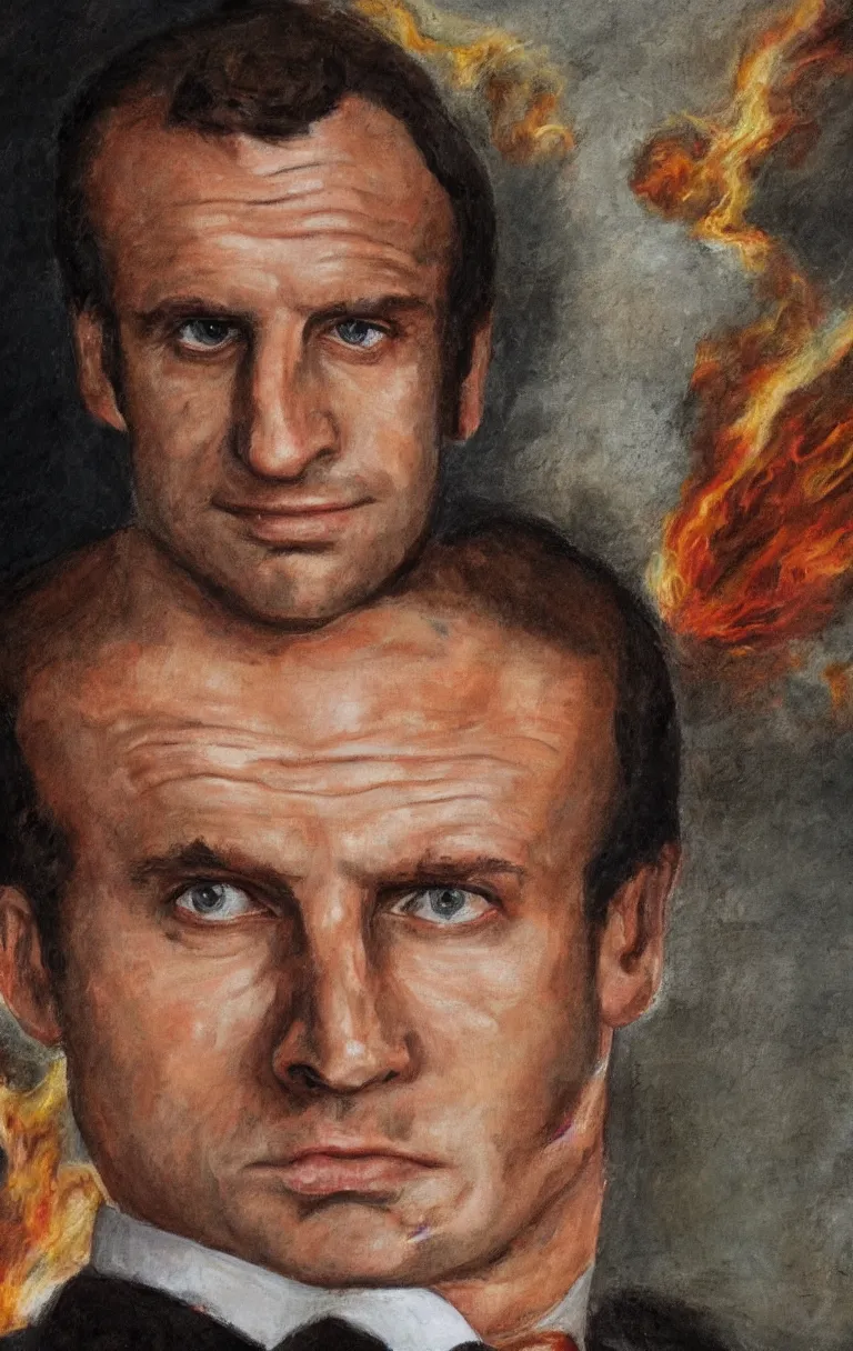 Image similar to portrait of emmanuel macron is catching fire, renaissance protrait