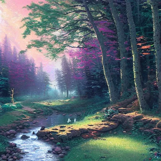 Prompt: a painting of a brook running through beautiful forest by Thomas kinkade