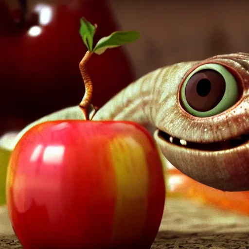 Prompt: a worm crawling out of an apple, epic, cinematic