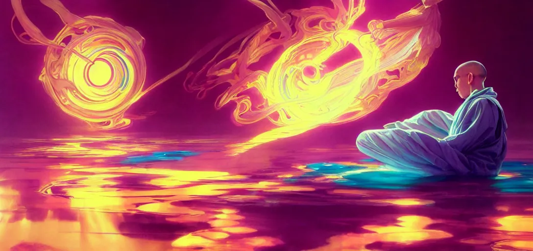 Prompt: a floating monk meditating, channeling swirling energy, wearing netrunner clothing, vaporwave aesthetic, colorful, psychedelic, digital painting, artstation, concept art, smooth, sharp focus, illustration, art by artgerm and greg rutkowski and alphonse mucha