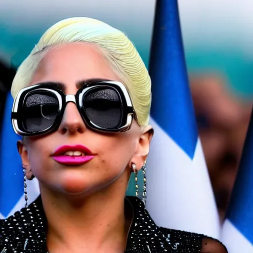 Image similar to Lady Gaga as president, Argentina presidential rally, Argentine flags behind, bokeh, giving a speech, detailed face, Argentina