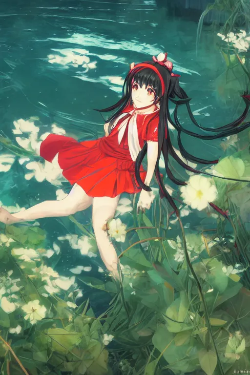 Image similar to hakurei reimu from touhou project floating on the water at night, plants, green and orange theme, s line, 4 5 angel by krenz cushart and mucha and makoto shinkai and akihito yoshida and greg rutkowski, 4 k resolution