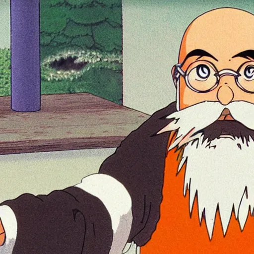 Image similar to bald man with a bright orange beard by studio ghibli, hayao miyazaki