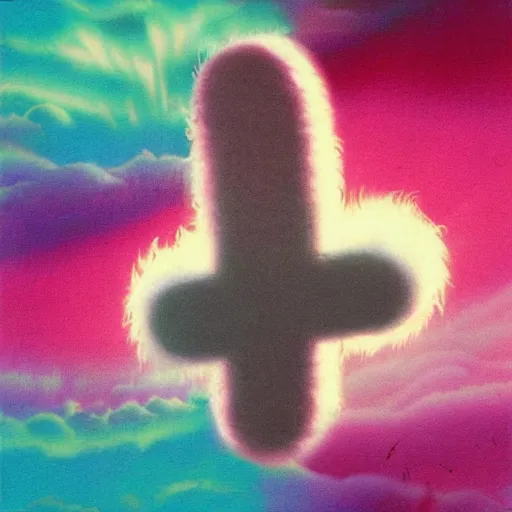 Image similar to 8 0 s new age album cover depicting a fluffy pink cloud in the shape of waluigi, very peaceful mood