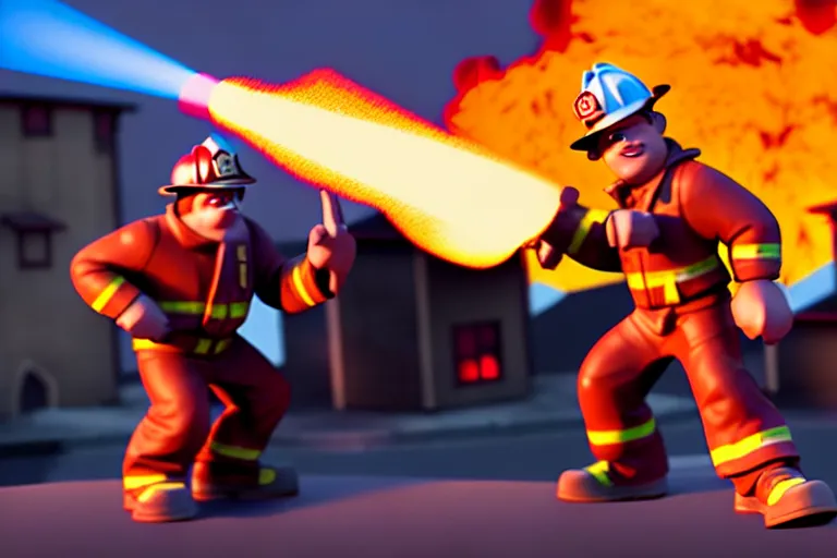 Prompt: heroic firefighter in action, screenshot in a typical disney infinity 3 style, artstation, volumetric lighting, subsurface scattering, octane render, by josh black, background with fire flames