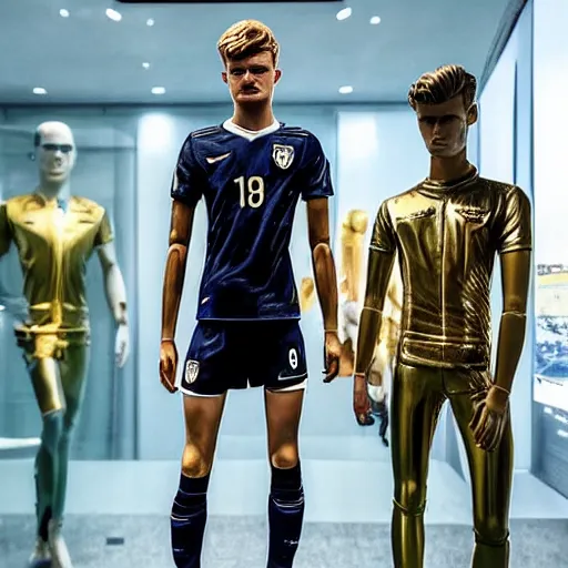 Image similar to a realistic detailed photo of a guy who is an attractive humanoid who is half robot and half humanoid, who is a male android, soccer players martin ødegaard & timo werner, shiny skin, posing like a statue, blank stare, in a museum, on display, showing off his muscles, gold soccer shorts, no jersey, collection of them, statue