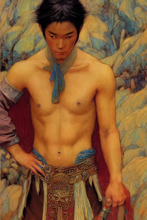 Image similar to tales of earthsea, tang dynasty, attractive male, character design, painting by gaston bussiere, craig mullins, j. c. leyendecker, tom of finland