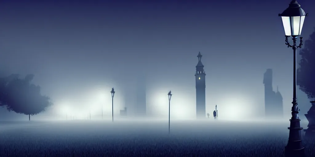 Prompt: curved perspective epic illustration of night city with victorian street lamp in a foggy field from nightmare before christmas