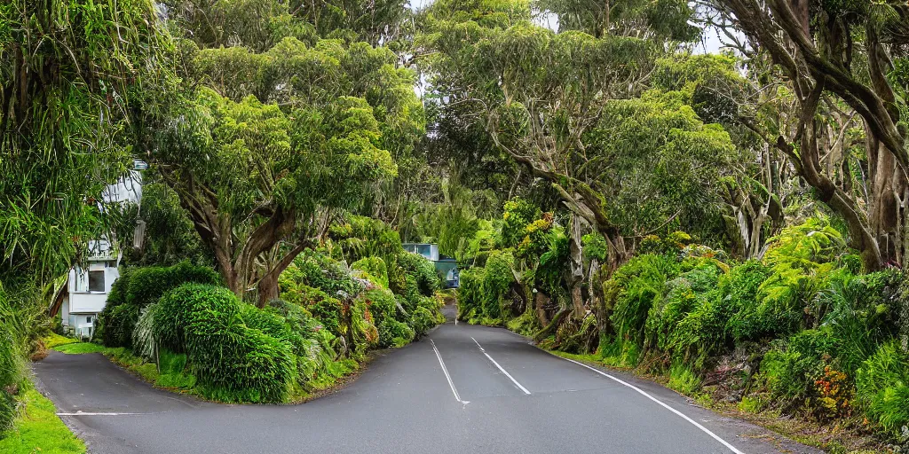 Image similar to a suburban street in wellington, new zealand. quaint cottages interspersed with an ancient remnant lowland podocarp broadleaf forest full of enormous trees with astelia epiphytes and vines. rimu, kahikatea, cabbage trees, manuka, tawa trees, rata. stormy windy day. google street view.