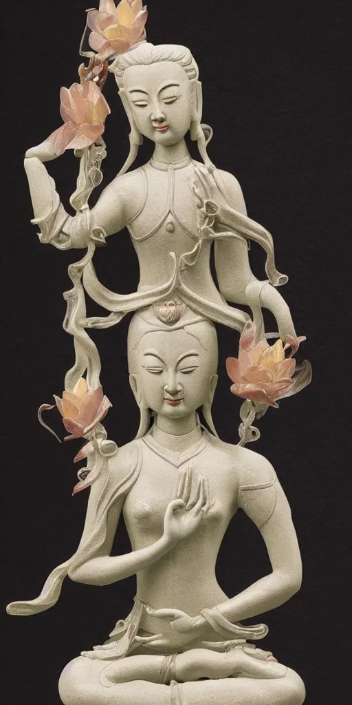 Prompt: a multi armed quan yin sculpture made of glass, standing in meditation holding a comically large lotus flower, digital art, artstation, concept art, beautiful glass statue,