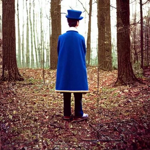 Image similar to portrait of wirt from over the garden wall. a 1 6 years old gloomy awkward boy with big brown eyes and shaggy brown hair wearing a red dunce hat and a blue navy cape, standing in the forest, kodachrome photograph, 1 9 9 5