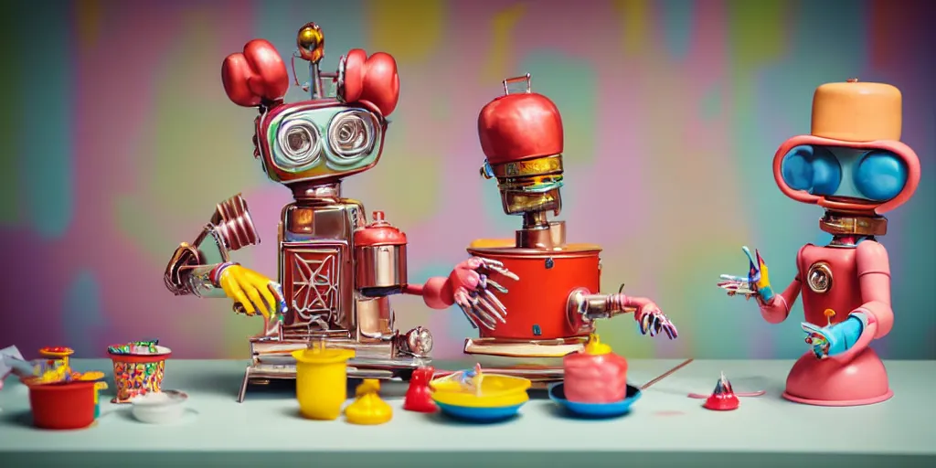 Image similar to closeup portrait of tin toy retro pastry chef robot mixing colourful chemicals and cooking pastry cake in a kitchen, depth of field, zeiss lens, detailed, centered, fashion photoshoot, by nicoletta ceccoli, mark ryden, lostfish, breathtaking, 8 k resolution, extremely detailed, beautiful, establishing shot, artistic, hyperrealistic, octane render