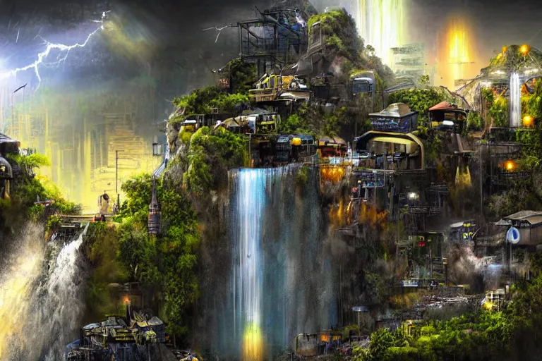 Prompt: mission waterfall favela honeybee hive, sci - fi environment, lightning, industrial factory, award winning art, epic dreamlike fantasy landscape, ultra realistic,