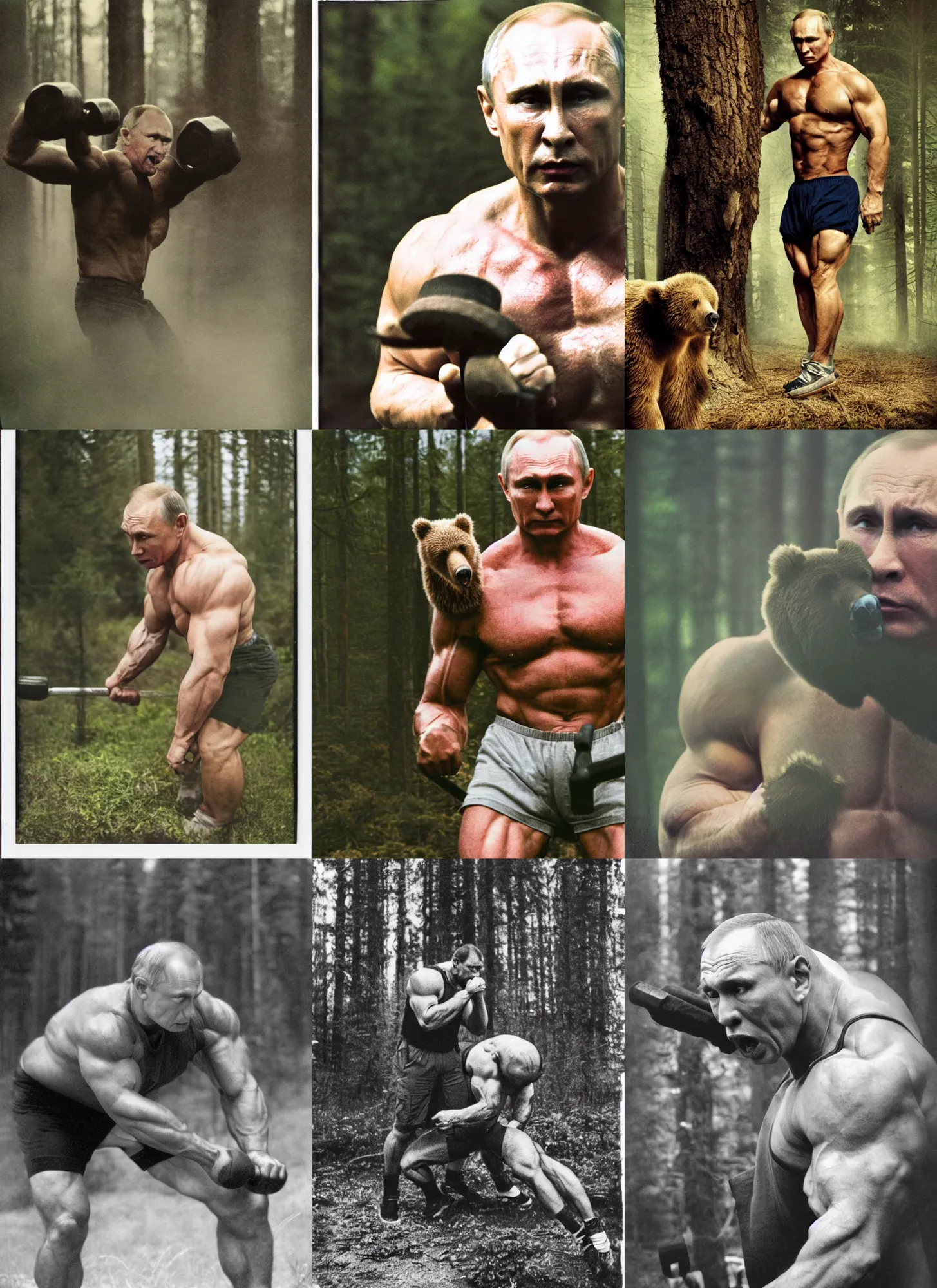 Prompt: medium close up shot, very muscular angry vladimir putin pumping iron with oversized grizzly bear, in woods, polaroid color photo, vintage, foggy, neutral colors, by gregory crewdson