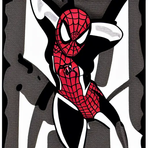 Image similar to female spiderman, mask covering mouth, eyes visible, medium shot, bruce timm, j. scott campbell, andy hartnell, inked, tight fit, curvaceous, slim, stuck against a wall