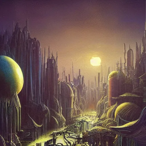 Image similar to artistic digital artwork of a city scene on an alien planet. beautiful landscape by vincent bons, michael whelan, remedios varo and gerardo dottori. grainy and rough. interesting pastel colour palette. beautiful light. oil and water colour based on high quality render.