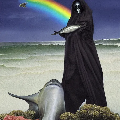 Image similar to a hyper realistic painting of the grim reaper standing on the back of a dolphin that is jumping over a rainbow, by james c christensen and santiago caruso,