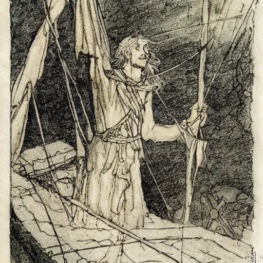 Prompt: Odysseus strings his bow, illustrated by Arthur Rackham, haunting, dreamlike
