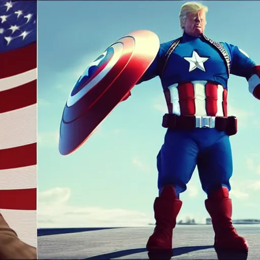 Image similar to Donald trump with captain America’s body, realistic artstyle, wide shot, dramatic lighting, octane render, hyperrealistic, high quality, highly detailed, HD, beautiful, cinematic, 8k, unreal engine, facial accuracy, symmetrical