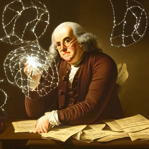 Image similar to benjamin franklin angrily throwing a string of led lights in the trash