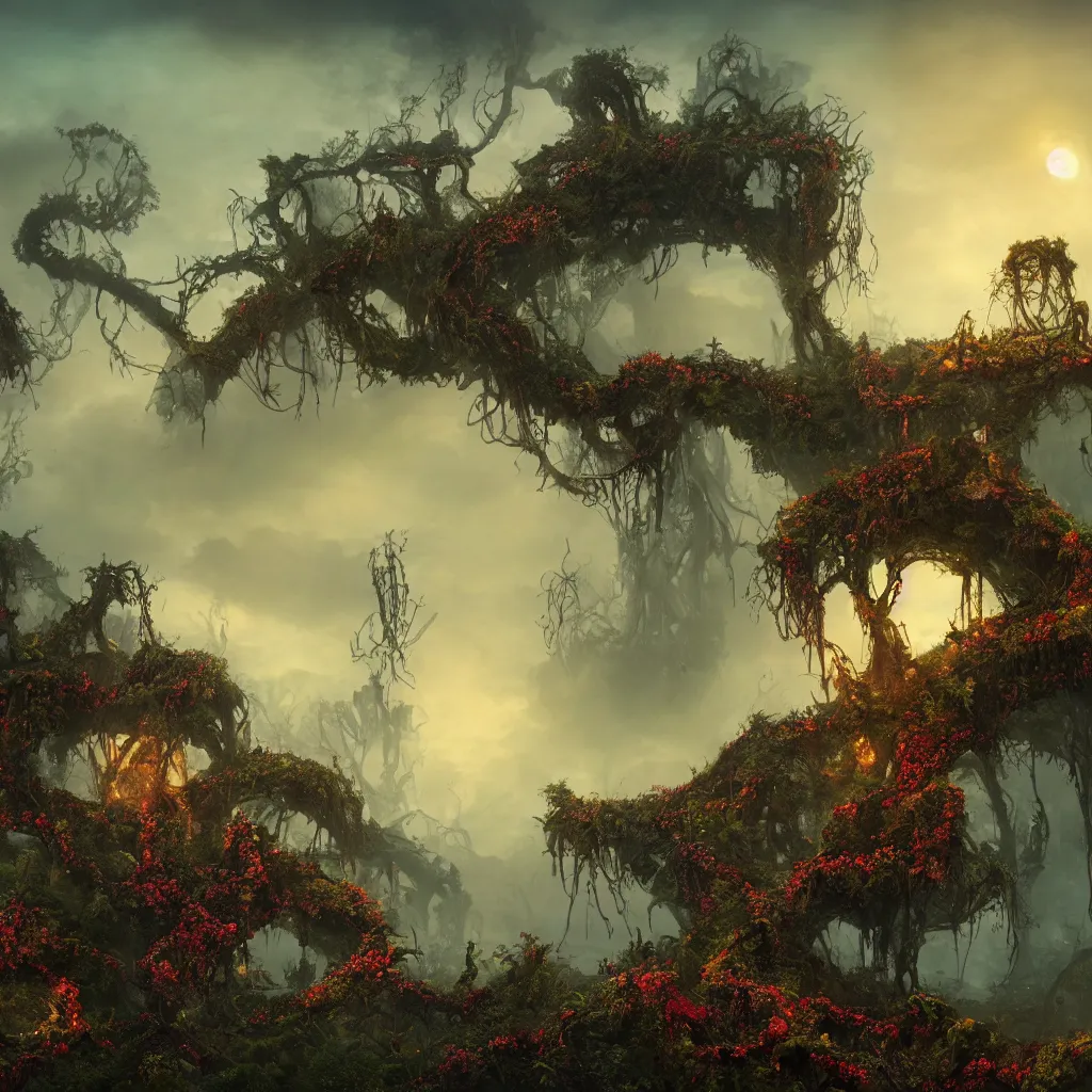 Prompt: An incredibly beautiful but ominous matte painting depicting a profusion of evil carnivorous vines and colorful flowers and lush exotic trees and bloated toadstools, with horrifying huge burning eyes and jagged bloody teeth, overgrowing a desolate ruins submerged in fog beneath the setting sun, nvidia, vray, evening, epic scale, octanerender