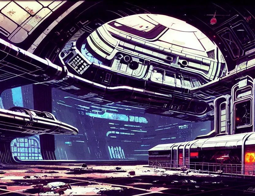 Prompt: concept art of an abandoned space station, by syd mead, cyberpunk, derelict, ancient, intricate details, cinematic, epic