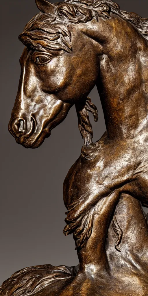 Image similar to detailed photo of an old bronze patina statue of a horse, full body portrait, various pose, photorealism, intricate detail, museum diffuse lighting