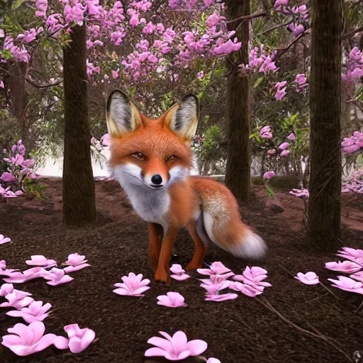 Image similar to small red fox in a forest full of white magnolias, fantasy, octane render, highly detailed