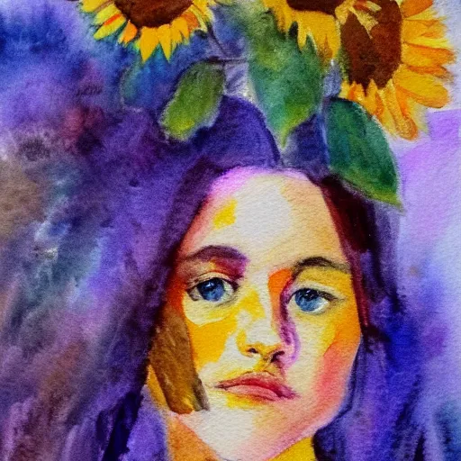 Prompt: molly sanden, watercolor, in the style of claude monet, beautiful face, sunflowers, fall leaves red and orange, award winning, hd, 4 k, purple, blue