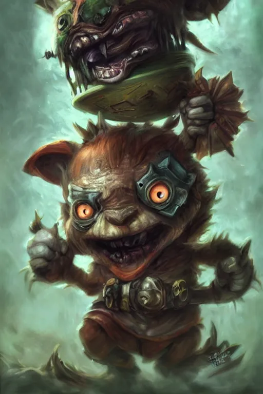 Image similar to beautiful portrait painting of a horrifying terrifying scary ominous detailed teemo from league of legends, fantasy horror, game concept art, hyperrealism, dark surrealism, gothic