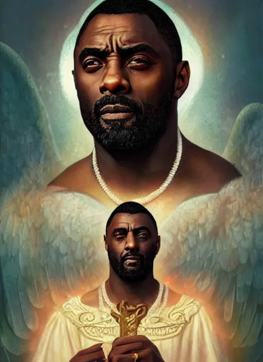 Prompt: a sacred portrait of young idris elba as the angel of manhood, art by william - adolphe bourgueareau and tom bagshaw and manuel sanjulian