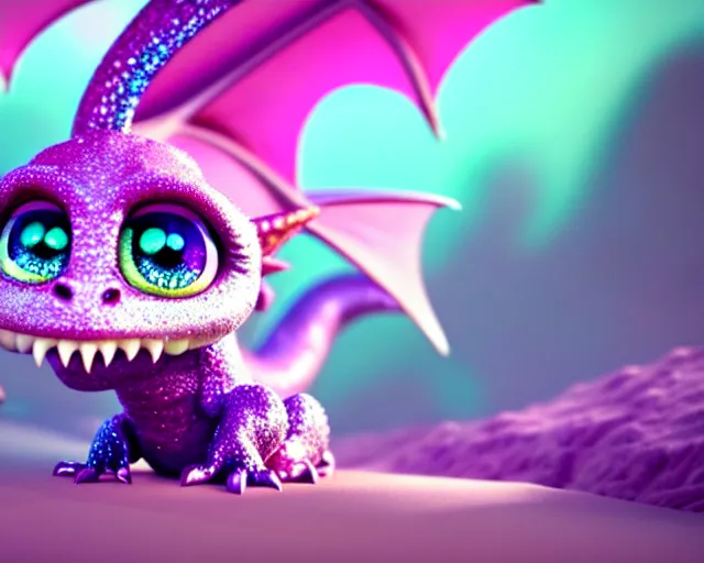 Image similar to a cute cute baby dragon, big eyes, soft scale texture, pastel colours, colorful, shiny glitter crystals, cute, adorable, pixar animation style, detailed, soft light, octane render, cute, 4 k,