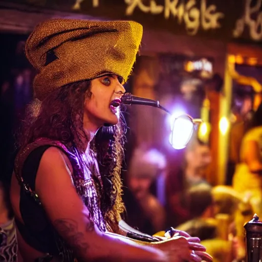 Image similar to a gipsy singer sings a jazz song in a crowded pub, award-winning photograph, dark, golden hour, colorful, night