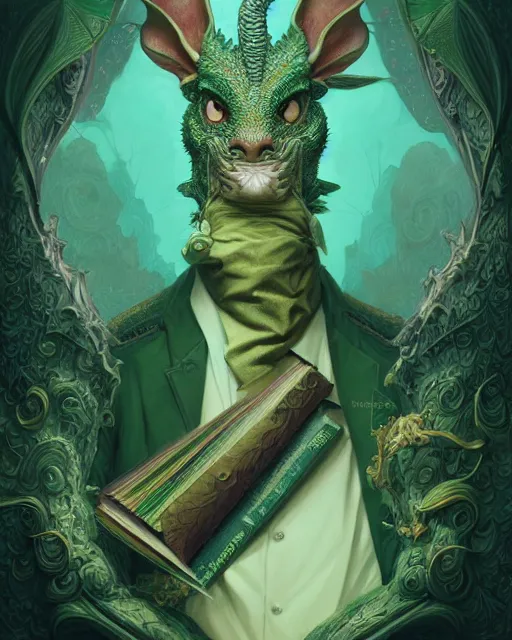 Image similar to anthropomorphic art of a detective dragon, green dragon, portrait, victorian inspired clothing by artgerm, victo ngai, ryohei hase, artstation. fractal papersand books. highly detailed digital painting, smooth, global illumination, fantasy art by greg rutkowsky, karl spitzweg