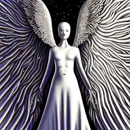 Prompt: highdetailed hyperrealistic painting of white angel in the hood lightning hands with silver sparkles!!!, giant silver ball on the chest!!!!!, 4 k hd fur face!!!, big wings, by jan van eyck, holography space, white sparkles everywhere, thin strokes, white monochrome color!!!!!, hyperrealism textures, soft