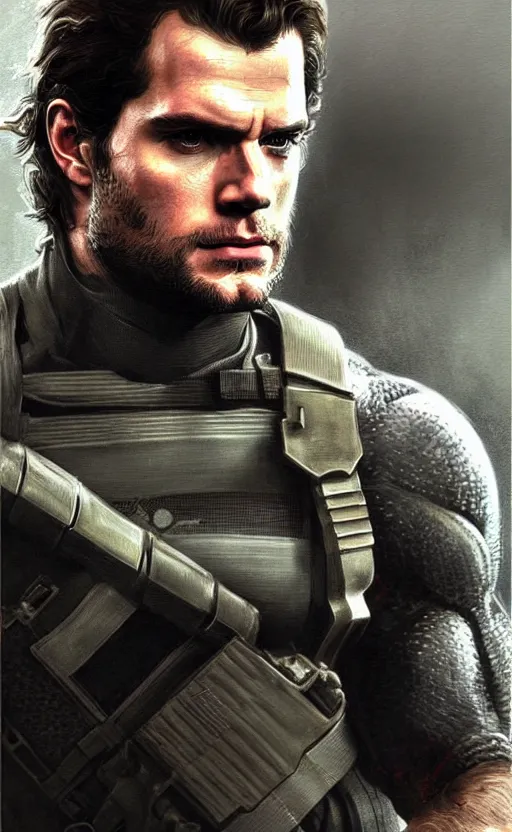 Image similar to portrait of henry cavill as solid snake, metal gear solid, upper body,, henry cavill!!!, fantasy, intricate, elegant, highly detailed, digital painting, artstation, concept art, smooth, sharp focus, illustration, art by artgerm and greg rutkowski and alphonse mucha