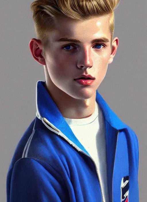 Image similar to portrait of a high school senior boy named moose mason, blonde short hair, jock, beefy, square jaw, square facial structure, 1 9 5 0 s, blue varsity jacket, intricate, elegant, glowing lights, highly detailed, digital painting, artstation, concept art, smooth, sharp focus, illustration, art by wlop, mars ravelo and greg rutkowski