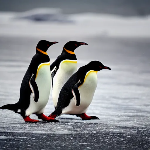 Image similar to penguins being chased by lightening while running on ice, wildlife photography, highly detailed, high quality, 8 k, soft lighting,