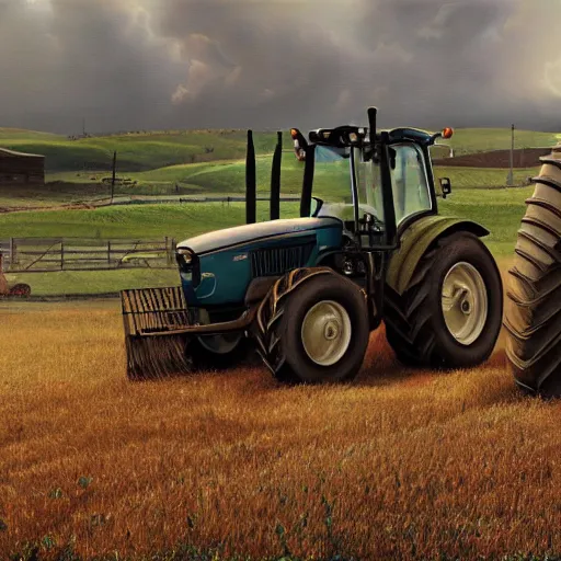 Prompt: hyperrealistic painting image where a tractor appears in the cinematic field