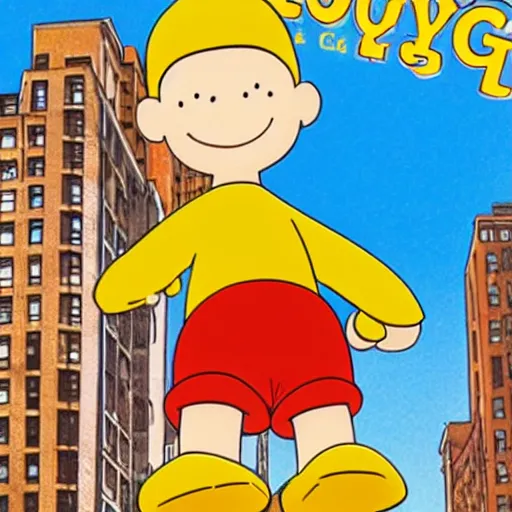 Image similar to curious george caillou cartoon in the big city. new york city concrete jungle.