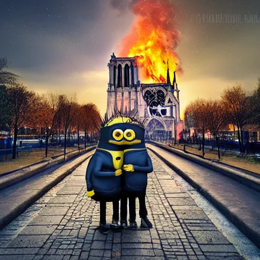 Prompt: “minions laughing as the Notre dame burns behind them, 4k, digital art, award winning”